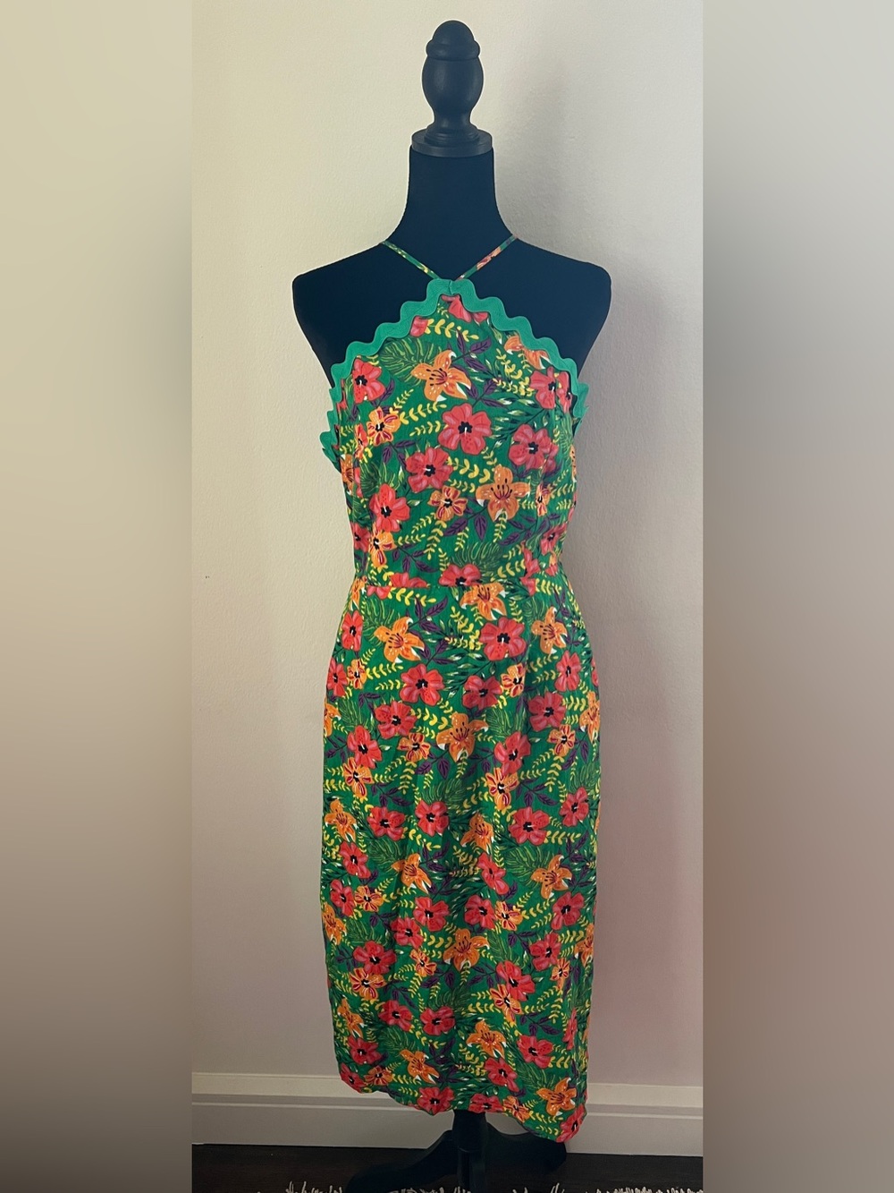 Vici Green Floral Halter Midi Dress with Scallop Trim Sz L